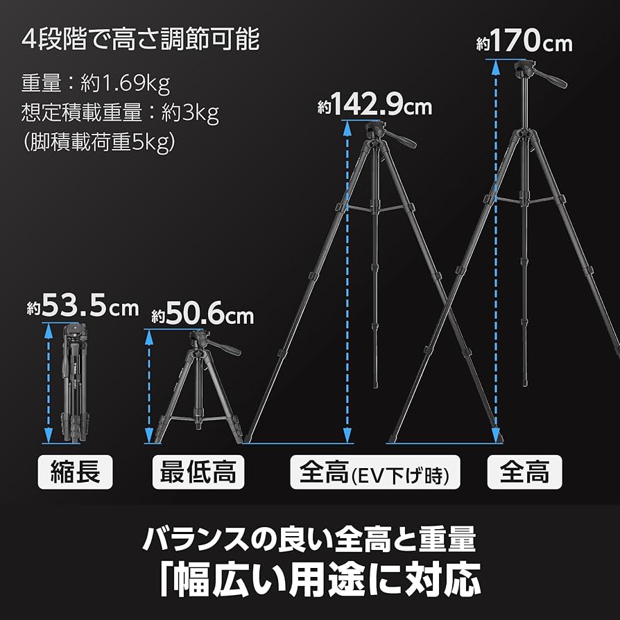 Velbon(ベルボン) ファミリー三脚 EX-640 II 4段 レバーロック 全高170cm 脚径26mm 中型 3Way雲台 DIN規格クイックシュー対応 アルミ脚 500588 Amazon | Velbon(ベルボン) ファミリー三脚 EX-640 II 4段